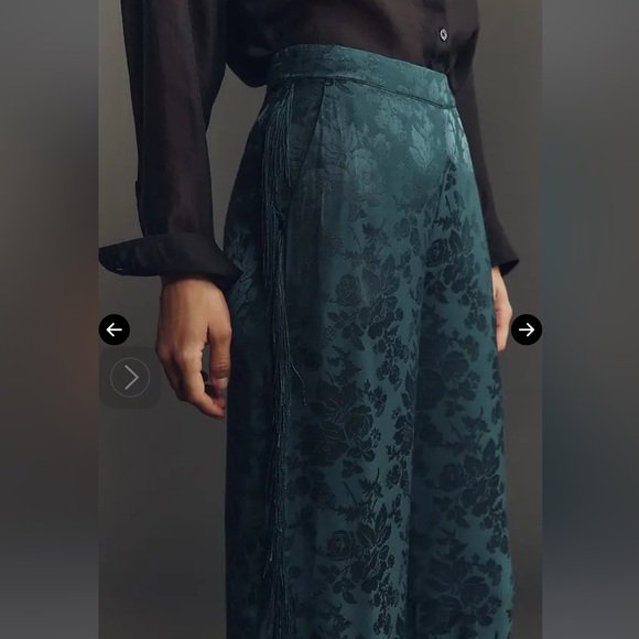 Anthropologie - Teal Jacquard Patterned Fringe Wide-Leg Trouser Pants - 14 - Picture 4 of 13